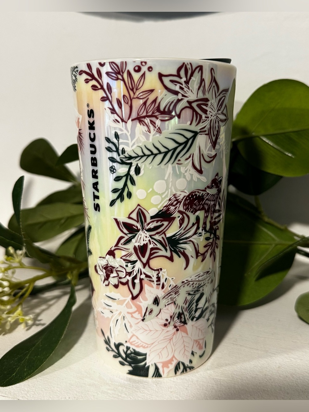 RARE Starbucks 2022 Holiday Enchanted Forest Floral Ceramic Tumbler 12oz ~ New